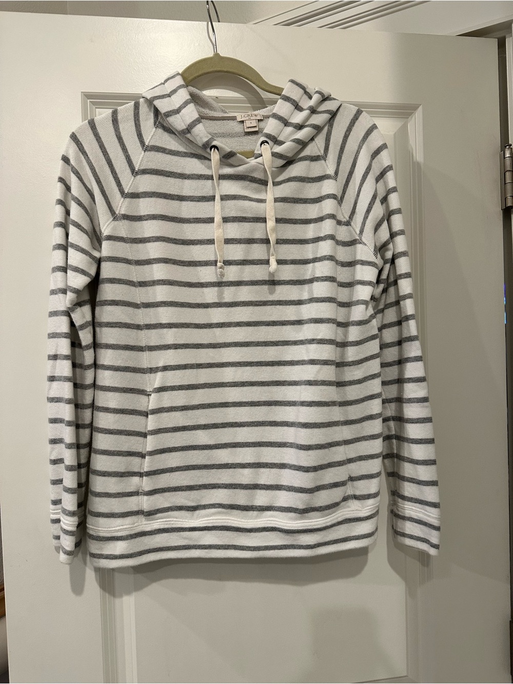 J. Crew White & Gray Striped Zipless Hooded Sweater